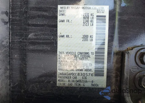 2012 Nissan Maxima 3.5 S z USA, uszkodzony, nr VIN 1N4AA5AP0CC830576